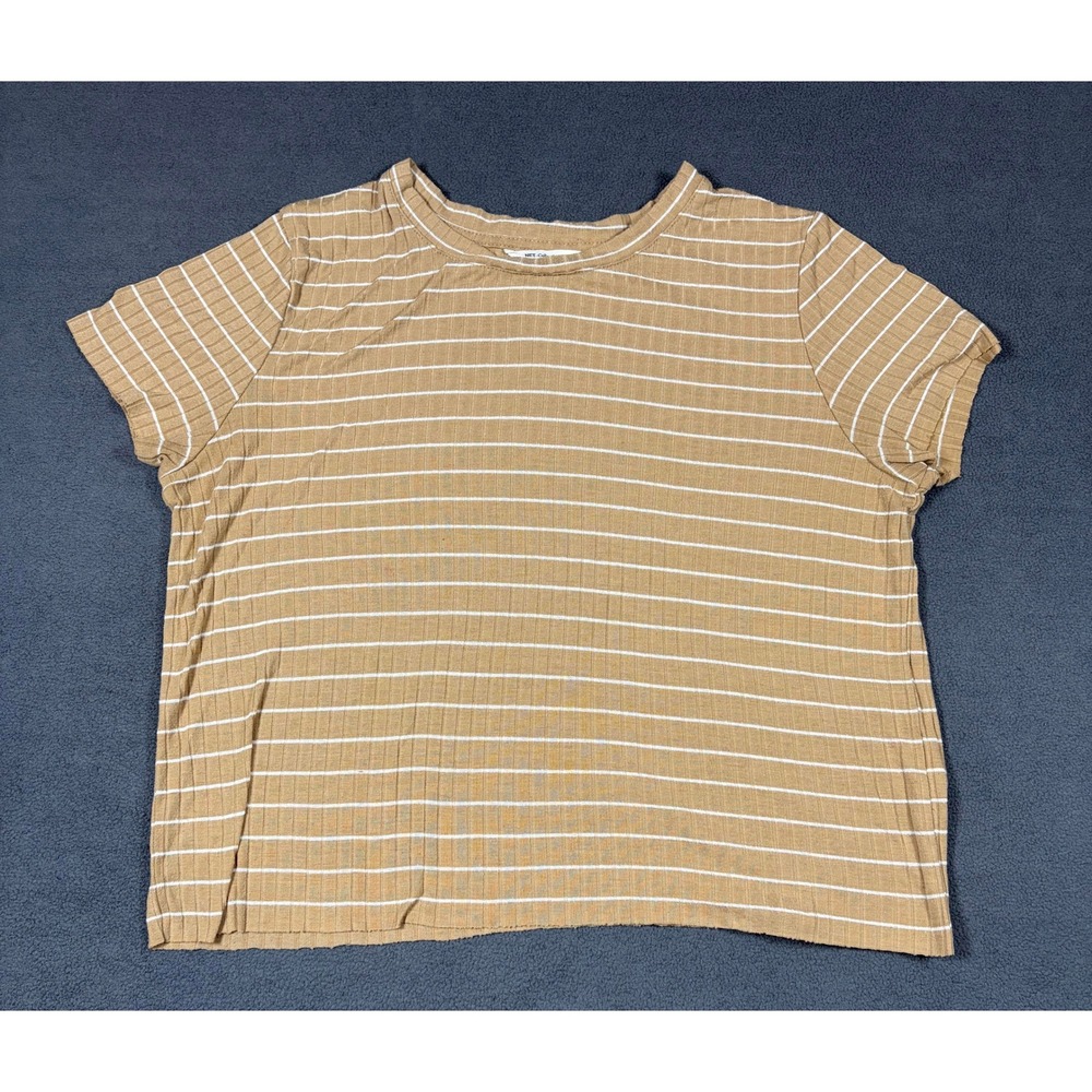 NET Collection T-Shirt Womens Size M Tan Striped Ribbed Short Sleeve Casual